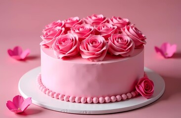 Naklejka premium Mother's Day and 8 March. Pink cake with cute edible roses. Cute card. 
