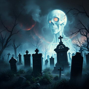Fantastically mysterious cemetery with tombstones and terribly scary atmosphere, abstract vivid composition consists of fictional unreal fantastic vision on background