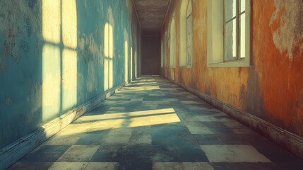 Obraz premium An abandoned corridor in an old building, with peeling paint and shadows stretching into the distance 