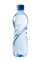 Water bottle with a blue cap and twisted design, transparent background