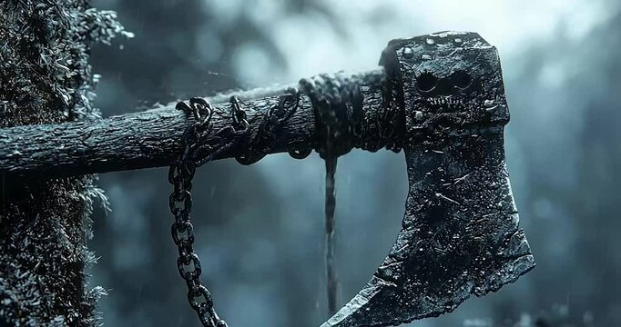 Ancient Battleaxe In Dark Forest Setting, Soaked In Rained Water.  A Tool For Combat and Destruction. A Grim Item, Worn by Time.  Historical Weapon,  Bloody Artifact.   Dark, Cold, and Wet.