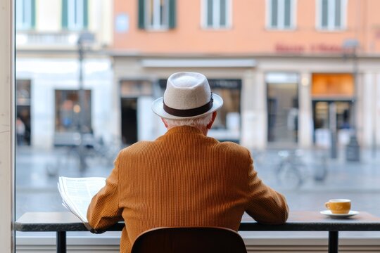 Serene Morning Scene with Elderly Man Enjoying Coffee and Reading Newspaper