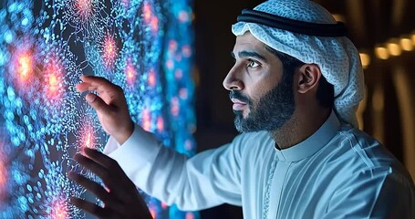 Arab Man Interacting With Luminous Blue Digital Interface. A Man Exploring A Digital Screen. Arab Man Using A Futuristic Display. High Resolution Image. Close up Studio Shot. Portrait. Stock - Powered by Adobe