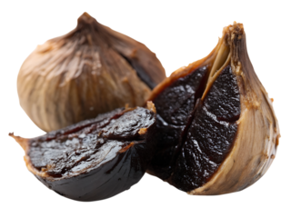 Discovering the unique flavor of shimmering black garlic culinary delights kitchen gourmet close-up, isolated on white or transparent background