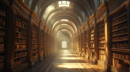 Fototapeta premium An endless corridor lined with bookshelves, giving the feel of an infinite library
