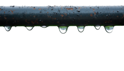 Water droplets hanging from a metal bar reflect a blurred green field