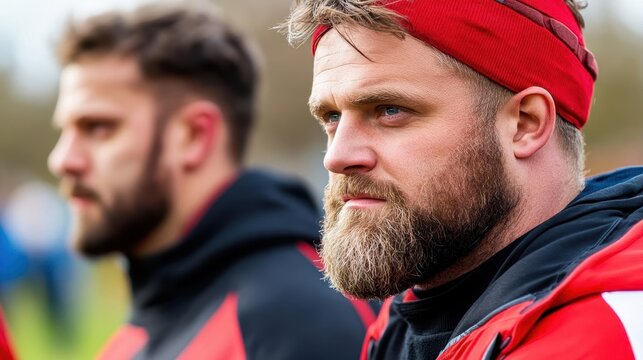 Rugby players and their coach gathering before a match