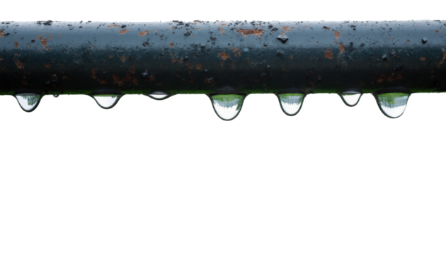 Water droplets hanging from a metal bar reflect a blurred green field
