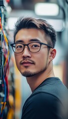Handsome asian man in glasses smiling amidst colorful wires in a network room environment