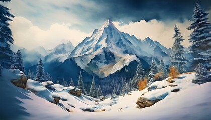 水彩画風の雪山のイラスト