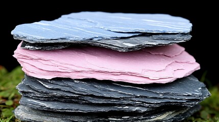 Arrangement of layered slate stones with subtle color variations