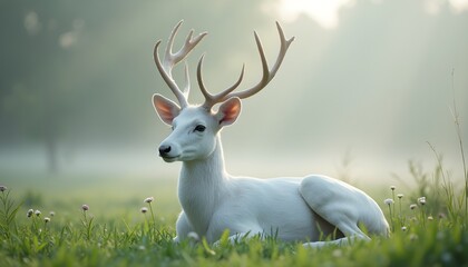 A stunning high-resolution 4K DSLR photograph of a rare white deer resting on dewy grass during an early misty morning. The soft fog swirls around the peaceful creature, giving the scene a mystical, 