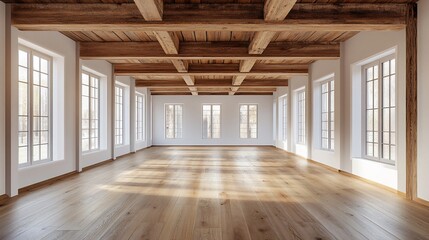 Obraz premium Sunlit empty room, wooden beams, large windows, hardwood floor, interior design