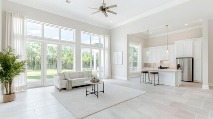 Bright White Modern Living Room Interior With Large Windows White Furniture and Natural Light
