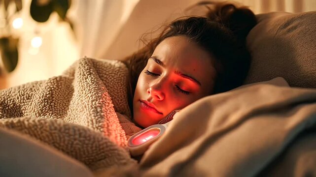 Teenager resting on couch with thermometer indicating fever