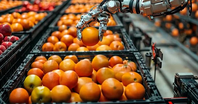 Automated Orange Picking In A Modern Warehouse System of Machines in an Industrial Setting. Fruit Handling With Robotic Arms. Modern Facility Harvesting Equipment Showing Mechanical Arms. Robotic