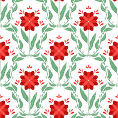 Red flower and green leaves seamless pattern. Hand drawn illustration, floral background
