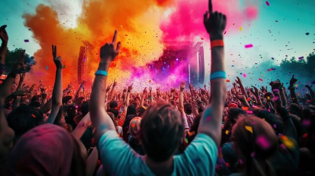 Vibrant Celebration with Colorful Smoke and Confetti at Festival