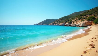 Obraz premium Aegina's serene Marathonas beach; turquoise waters, golden sand , scenery, vacation