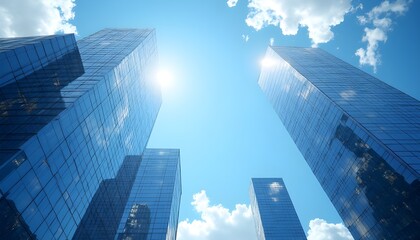 A breathtaking 4K animated-style image of a cluster of high-rise office buildings with modern glass facades reflecting a vivid blue sky with drifting white clouds.