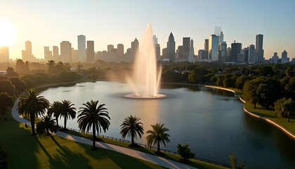 Obraz premium A spectacular 4K aerial DSLR-style shot of Echo Park Lake in Los Angeles, elevating to the left to reveal a panoramic view of the downtown skyline.