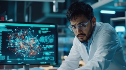 Scientist Analyzing Data in High-Tech Laboratory with Computer Screen