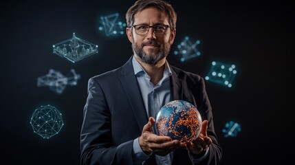 Businessman Holding Globe with Digital Connections and Technology Icons