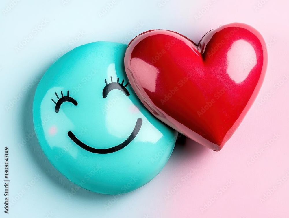 Poster Smiling turquoise face with heart on a pastel background representing joy and affection