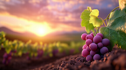 Fototapeta premium Beautiful vineyard landscape at sunset with ripe purple grapes in the foreground and rolling hills in the background