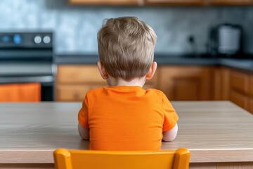 Social Problems Lonely Child at Empty Dining Table in Kitchen Back View