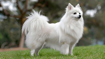 American Indian Spitz dog with a pure white coat, captured in a full-body portrait with a soft and fluffy appearance.