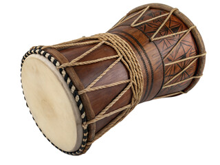 Creative upside down djembe drum display in vibrant artistic environment close-up perspective, isolated on white or transparent background