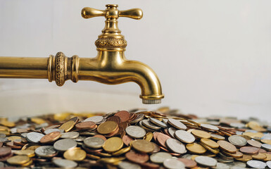 Golden Faucet Flowing with Coins Symbolizing Wealth and Financial Flow