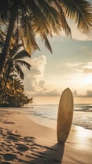 Surfboard rests on sandy beach at sunset beneath palm trees