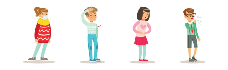 Sick Children Feeling Unwell Suffering and Needing Help Vector Set
