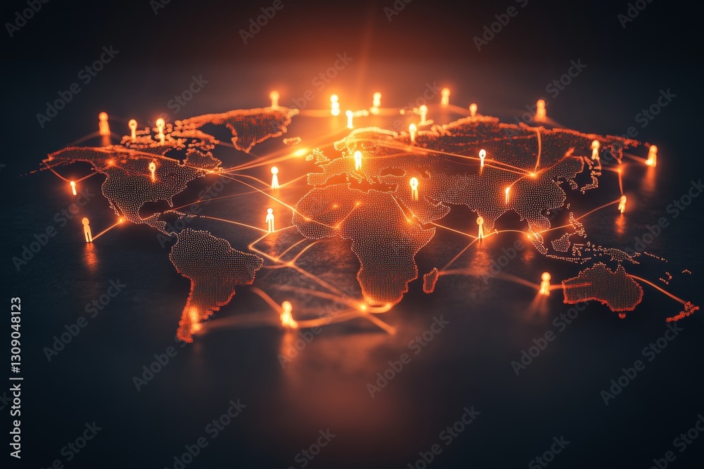 Poster abstract global network with glowing connections and user icons on a world map background