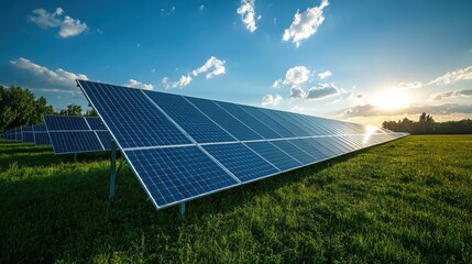 Solar panels on green field under bright sunlight. Clean energy technology at work. Ecology and environment. Producing alternative power.