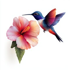 Fototapeta premium A vibrant hummingbird hovering near a beautiful hibiscus flower, showcasing nature's colorful beauty and intricate details.