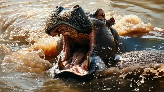 Aggressive hippopotamus roaring in a muddy river with powerful splashes