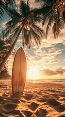 Surfboard rests on sandy beach at sunset under palm trees