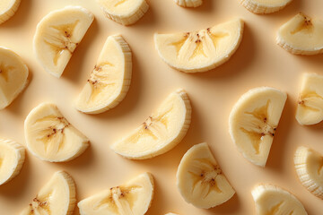 Sliced bananas arranged neatly on a golden background in an artistic display of fruit
