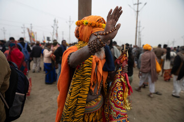 Prayagraj,India-14 January 2025  Portrait of an elderly sadhu or saint roaming around the Kumbh...