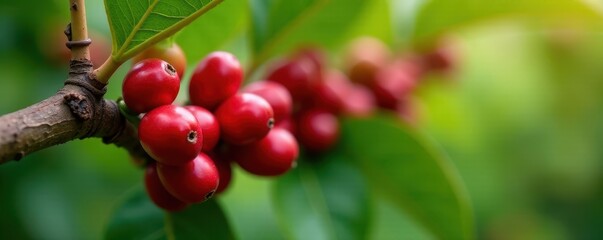 Close up of vibrant red coffee cherries on a coffee tree , agriculture, berry