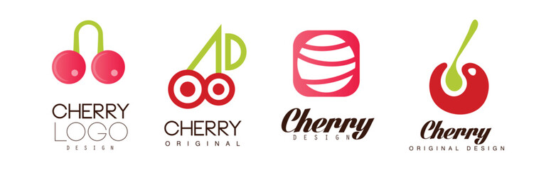 Cherry Logo Original Design with Bright Berry Vector Set