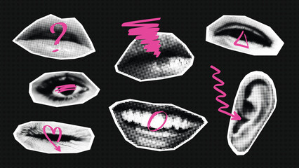 Contemporary art collage facial elements with doodles. Vector set of halftone cutout eyes and lips.