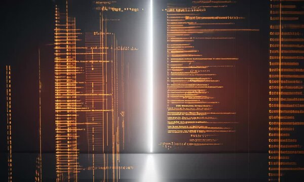 Abstract digital landscape with glowing code elements and a central light beam illuminating the scene