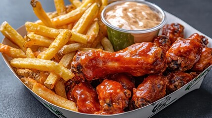 top down photo of carne asada fries and buffalo chicklen wings
