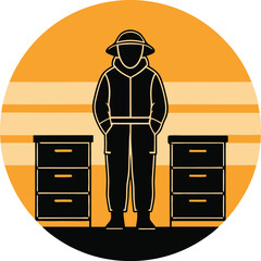 Dedicated Beekeeper Silhouette with Beehives at Sunset
