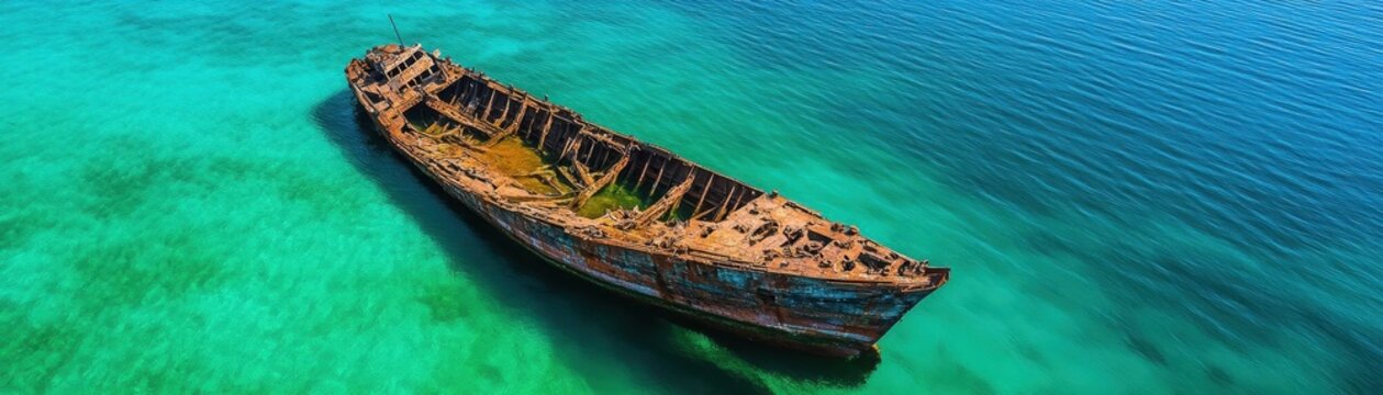 Top down aerial view of a ship wreck in West Java, Indonesia