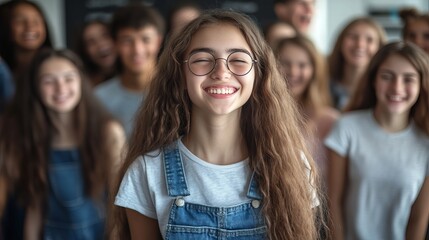 Obraz premium Happy Teenage Girl Smiling with Friends Group Portrait Youthful Joyful Expression Positive Vibe Casual Style Summer Fun Teenage Lifestyle Friendship 